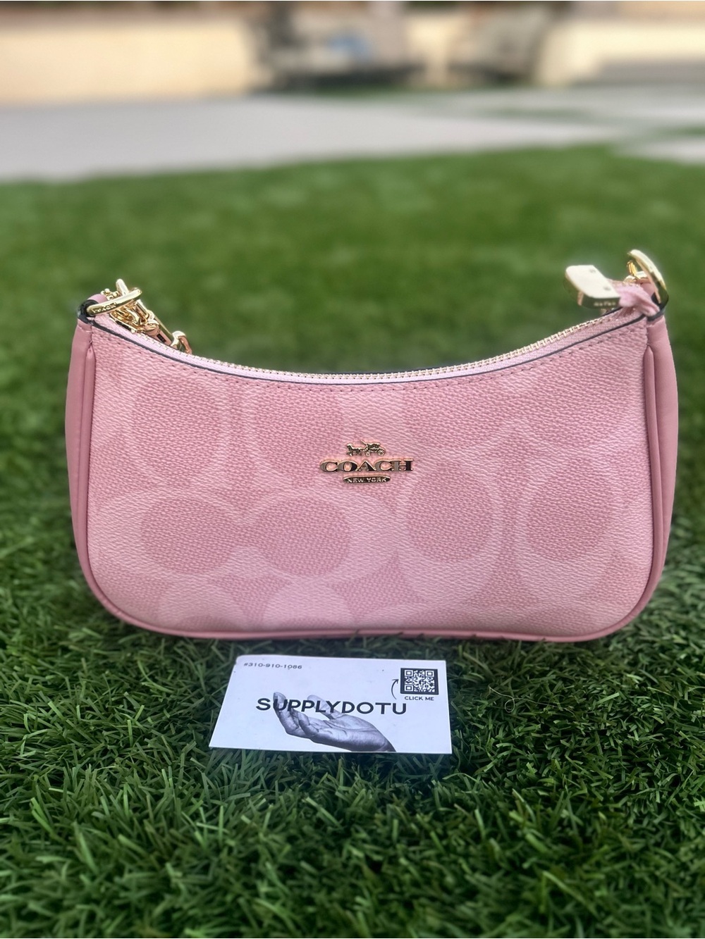 Coach Pink Signature Mini Shoulder Bag with Gold Hardware
